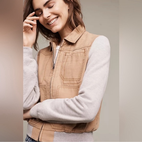 Anthropologie Cropped Tan and Grey Lightweight Bomber Jacket - Picture 3 of 5